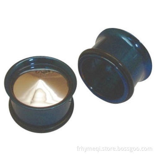 Plated blue single flare plugs with polished cone or concave surface, made of 316 stainless steel